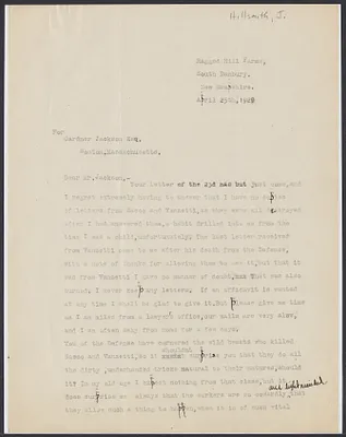 Sacco-Vanzetti Case Records, 1920-1928. Correspondence.Gardner Jackson to J. Hillsmith, April 1929. Box 41, Folder 53, Harvard Law School Library, Historical & Special Collections