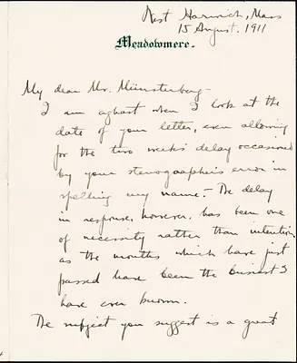 Orcutt, William Dana, 1870-1953 autograph letter signed to Hugo Münsterberg, West Harwich, Mass., 15 August 1911