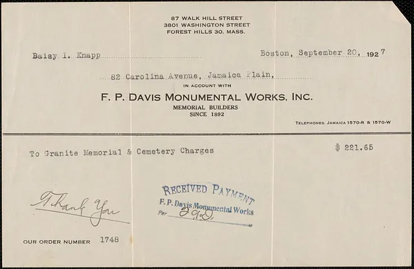 Receipt from F. P. Davis Monumental Works, Inc., for Daisy I. Knapp, September 20, 1927
