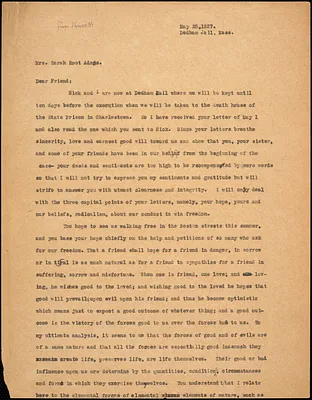 Bartolomeo Vanzetti typed letter (copy) to Sarah Root Adams, Dedham, 25 May 1927