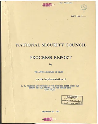 National Security Council Progress Report by the Acting Secretary of State on the Implementation of United States Policies and Programs in the Economic Field Which May Affect the War Potential of the Soviet Bloc (NSC 104/2)