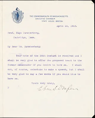 Draper, Eben Sumner, 1858-1914 typed letter signed to Hugo Münsterberg, Boston, 25 April 1910
