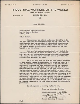 Lee Tulin (Industrial Workers of the World) typed letter signed to Sacco-Vanzetti Defense Committee, Chicago, Ill., September 15, 1927