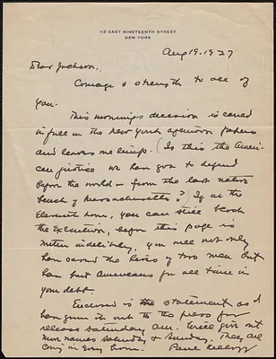 Paul [Kellogg?] autograph letter signed to Gardner Jackson, New York, N.Y., August 19, 1927
