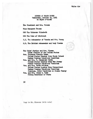 Guest List for Dinner at the Blair House for Her Royal Highness Princess Elizabeth