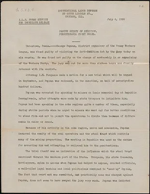 International Labor Defense printed press release to Sacco-Vanzetti Defense Committee, Chicago, Ill., July 6, 1926