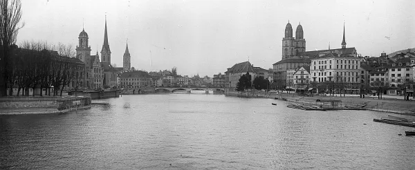 View of the Limmat River and Zurich's landmarks, 1910