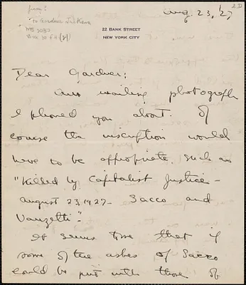 [Clarina Michelson?] autograph letter signed to Gardner Jackson, New York, N. Y., August 23, 1927