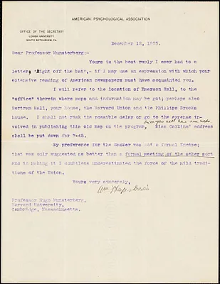 Davis, William Harper, fl. 1905 typed letter signed to Hugo Münsterberg, South Bethlehem, Pa., 12 December 1905