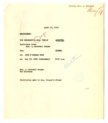 Memorandum from Edith Helm to Bess W. Truman with Related Note