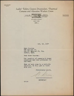 Boris Drasin (Ladies' Tailors, Custom Dressmakers, Theatrical Costume and Alteration Workers Union) typed letter to Mary Donovan, New York, N. Y., October 18, 1927