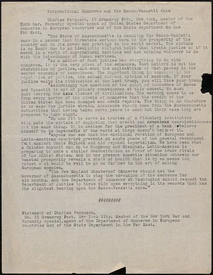 Charles Ferguson typed document, New York, N. Y, [1927?]: International Commerce and the Sacco-Vanzetti Case