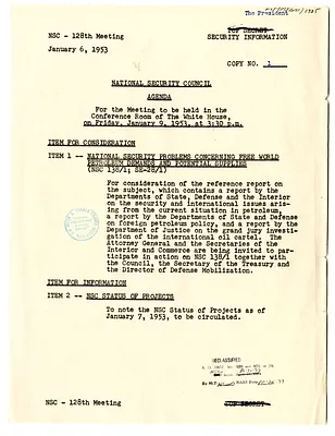 Agenda for the One Hundred and Twenty-Eighth Meeting of the National Security Council