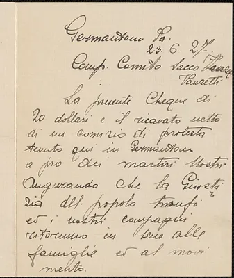 Giulio autograph note signed, in Italian, to Sacco-Vanzetti Defense Committee, Germantown, Pa., June 23, 1927