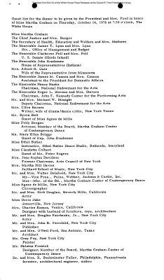 Guest list for the dinner to be given by President and Mrs. Ford in honor of Miss Martha Graham on October 14, 1976