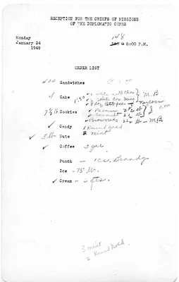 Shopping List for Reception of the Chiefs of Missions of the Diplomatic Corps