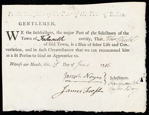 Mary Covel indentured to apprentice with Thomas Child of Falmouth, 21 June 1786