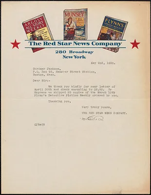 The Red Star News Company typed letter signed (initials) to Gardner Jackson, New York, N. Y., May 2, 1928