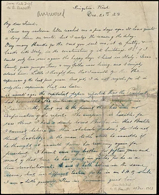 Kate M. Dial autographed letter signed to [Bartolomeo Vanzetti], Kingston, Wash., 21 December 1923