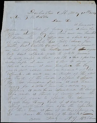 A. J. McElveen, Darlington Court House., autograph letter signed to Ziba B. Oakes, 10 May 1854
