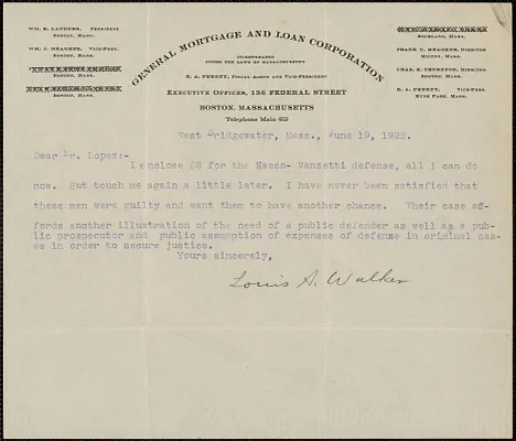 Louis A. Walker typed letter signed to Frank R. Lopez, Boston, Mass., June 19, 1922