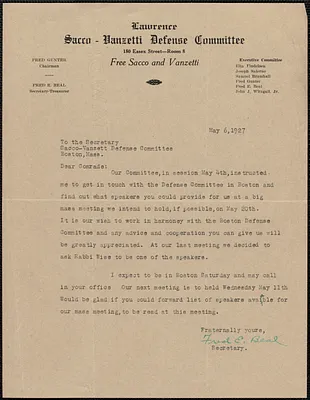 Fred E. Beal (Lawrence Sacco-Vanzetti Defense Committee) typed letter signed to Sacco-Vanzetti Defense Committee, Lawrence, Mass., May 6, 1927