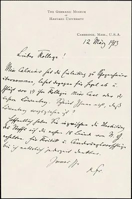 Francke, Kuno, 1855-1930 autograph letter signed to Hugo Münsterberg, Cambridge, Mass., 12 March 1913
