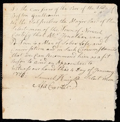 George Mattson Hannets indentured to apprentice with Jonathan Ware of Norwich, 18 March 1777