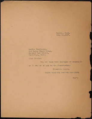 Sacco-Vanzetti Defense Committee typed note (copy) to Marion Tomlinson, Boston, Mass., July 15, 1927