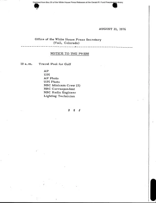 Travel pool for Golf, August 21, 1976 [Pool Assignments]