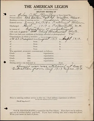 American Legion military record of Erlon Arthur Merrill