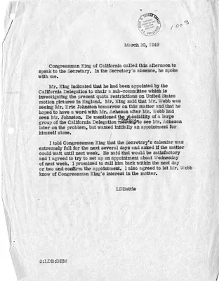 Memorandum of Conversation with Lucius D. Battle and Congressman Cecil King