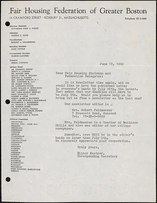 Letter to Fair Housing Chairman and Federation Delegates requesting material for July issue of “Fair Housing News”