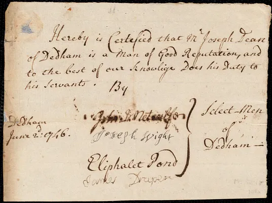 Mary Oliver indentured to apprentice with Joseph Dean of Dedham, 5 June 1746