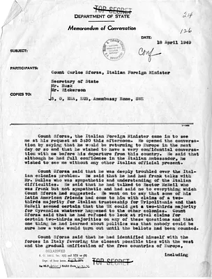 Memorandum of Conversation with Secretary of State Dean Acheson, Foreign Minister of Italy Carlo Sforza, John Hickerson, and Dean Rusk