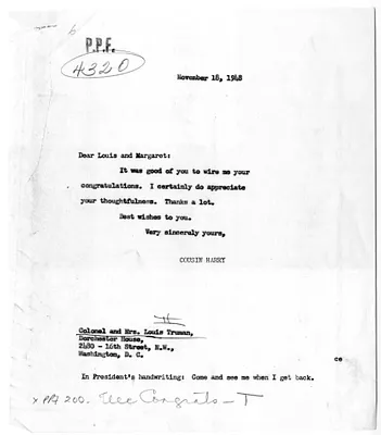Correspondence Between President Harry S. Truman and Colonel Louis and Margaret Truman