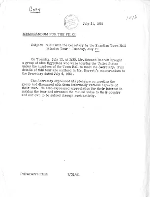 Memorandum for the Files Regarding a Visit with Secretary of State Dean Acheson by the Egyptian Town Hall Mission Tour