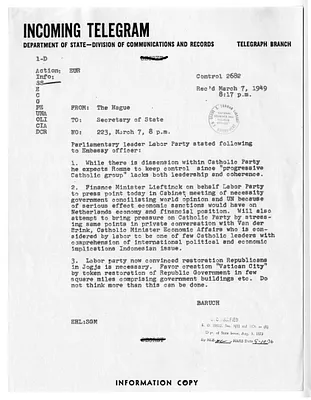 Telegram from Herman Benjamin Baruch to Secrertary of State Dean Acheson