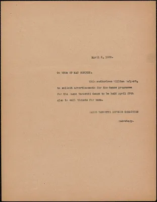 Sacco-Vanzetti Defense Committee typed letter (copy) to whom it may concern, Boston, Mass., April 2, 1925