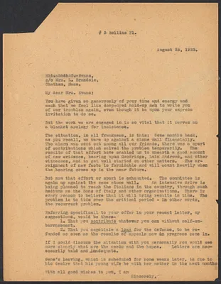 Sacco-Vanzetti Case Records, 1920-1928. Correspondence. Sacco-Vanzetti Defense Committee Correspondence to Elizabeth G. Evans, August 25, 1922. Box 41, Folder 10, Harvard Law School Library, Historical & Special Collections