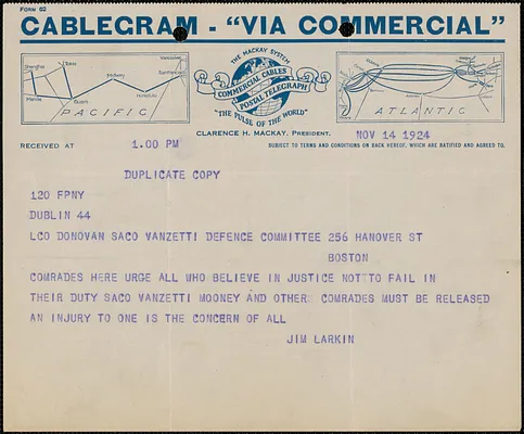 James Larkin telegram (copy) to Mary Donovan (Sacco-Vanzetti Defense Committee), Dublin, Ireland, November 14, 1924