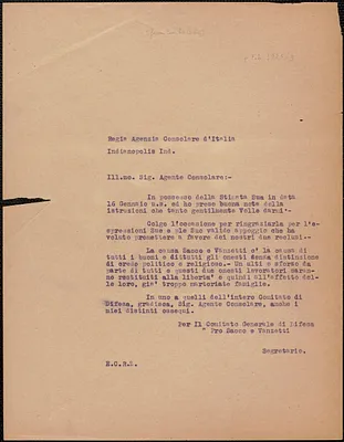Emilio Coda (Sacco-Vanzetti Defense Committee) typed letter (copy), in Italian, to Regia Agenzia Consolare d'Italia, Boston, Mass., [February 1925?]