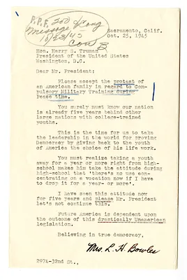 Letter from L. H. Bowles to President Harry S. Truman