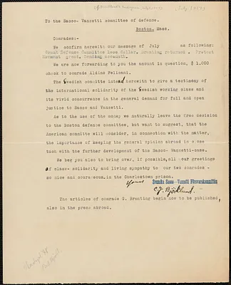 C. J. Björklund (Svenska Sacco-Vanzetti Försvarskommitten) typed letter signed to Sacco-Vanzetti Defense Committee,[Stockholm, Sweden], [July 1927]