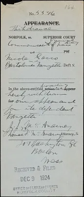 Withdrawal of appearance of J.J. McAnarney and T.F. McAnarney for defendant Bartolomeo Vanzetti