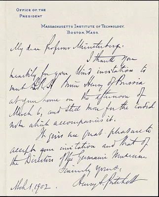 Pritchett, Henry S. (Henry Smith), 1857-1939 autograph letter signed to Hugo Münsterberg, Boston, 01 March 1902