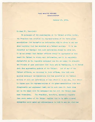 Letter from William Loeb, Secretary to the President to Secretary of the Interior E. A. Hitchcock