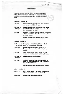 Memorandum, Tentative Program for the Visit to Washington of Her Royal Highness Princess Elizabeth as Proposed by the Canadian Ambassador in Accord With the British Ambassador