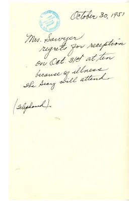 Invitation Reply from Secretary of Commerce and Mrs. Charles Sawyer to the White House Social Office