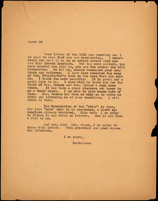 Bartolomeo Vanzetti typed letter (copy) to [Elizabeth Glendower Evans], [Charlestown], 22 March 1927